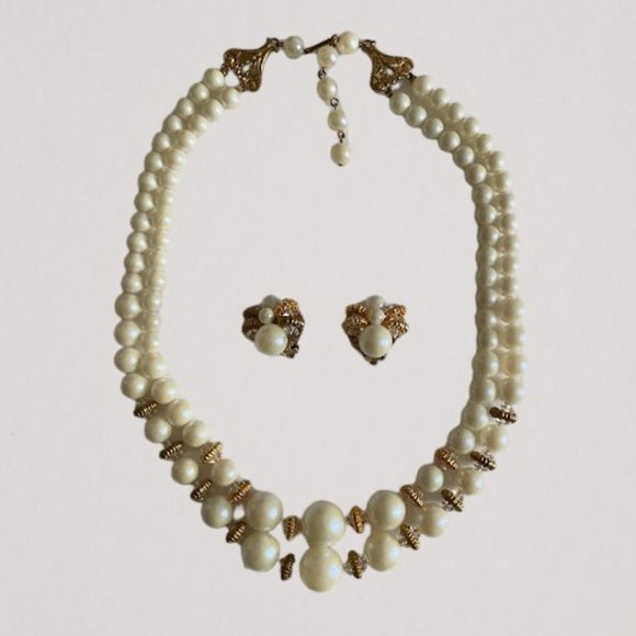 Vintage Retro Chunky Faux Pearl & Gold Tone Crystal Necklace Earrings Set 1950's - Picture 11 of 11